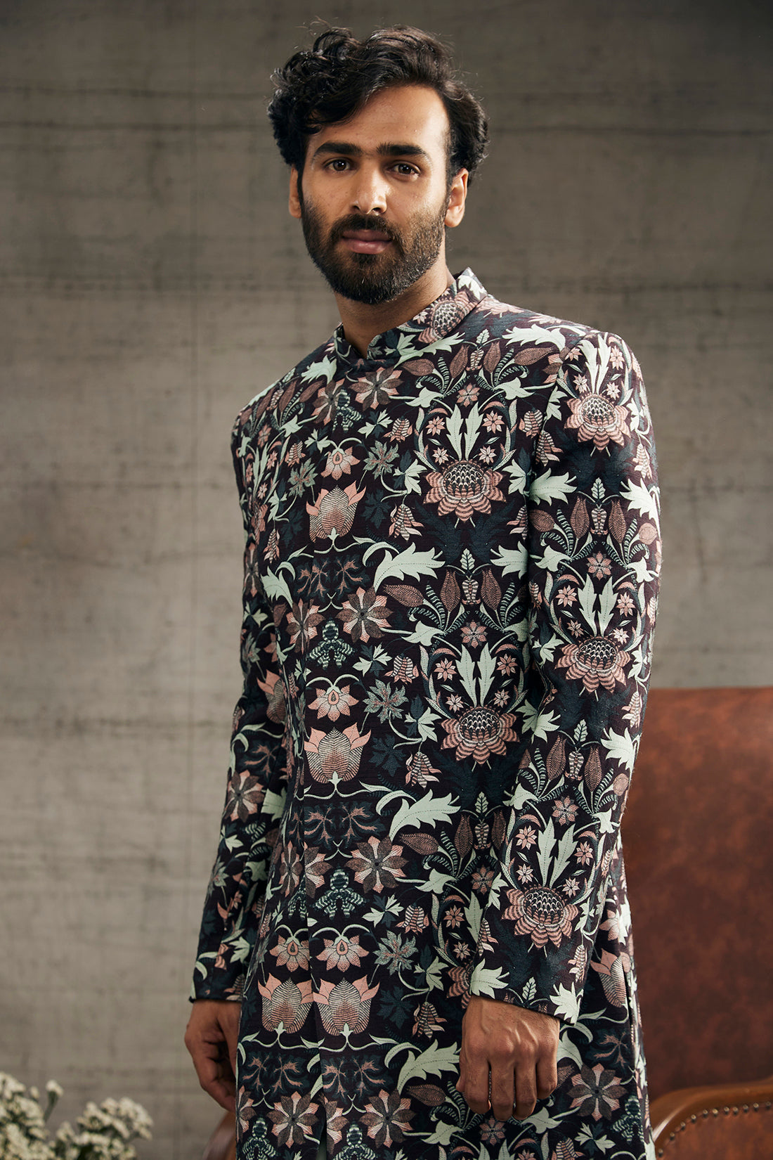 Image of Pastel floral printed sherwani set