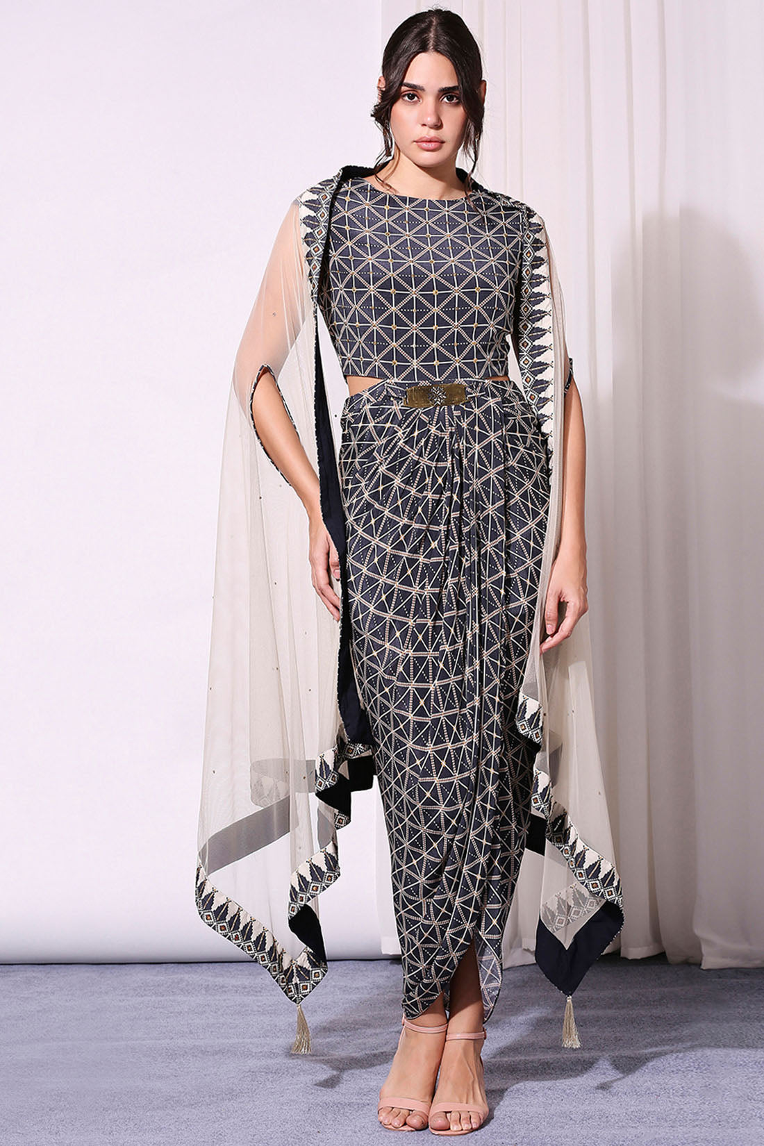 Image of Geometrical Printed Drape Dress And Cape