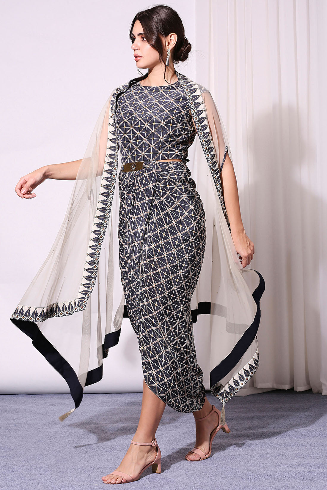 Image of Geometrical Printed Drape Dress And Cape