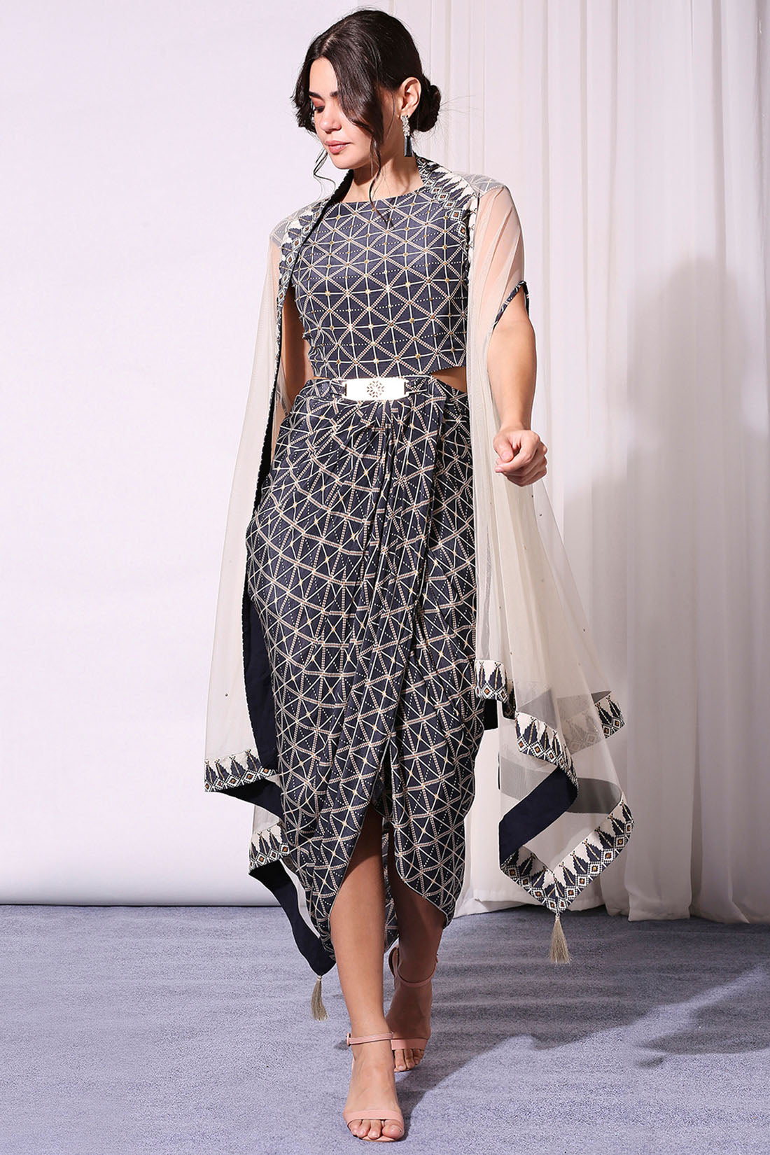 Image of Geometrical Printed Drape Dress And Cape