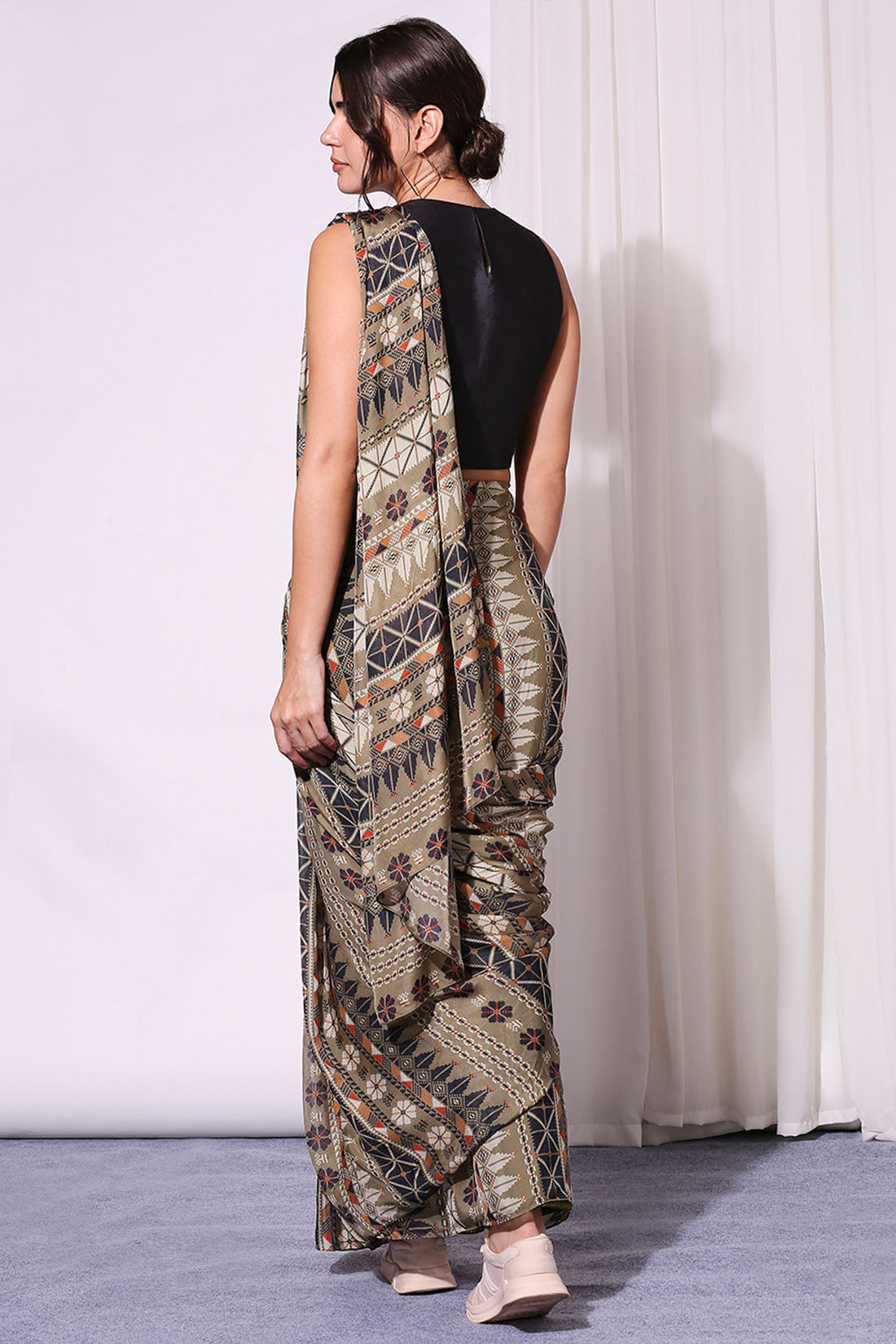 Image of Geometrical Printed Pre-Stitched Saree