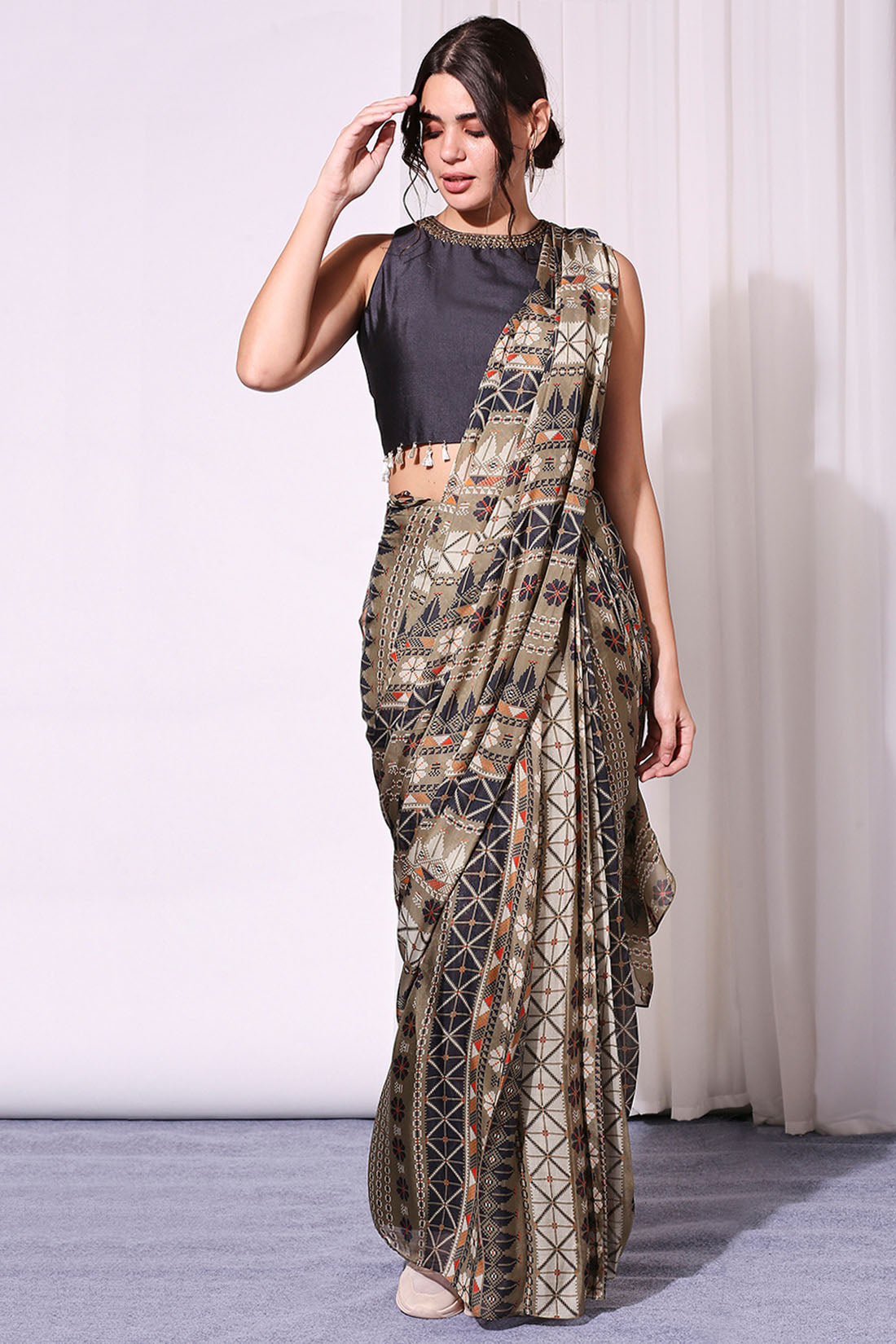 Image of Geometrical Printed Pre-Stitched Saree