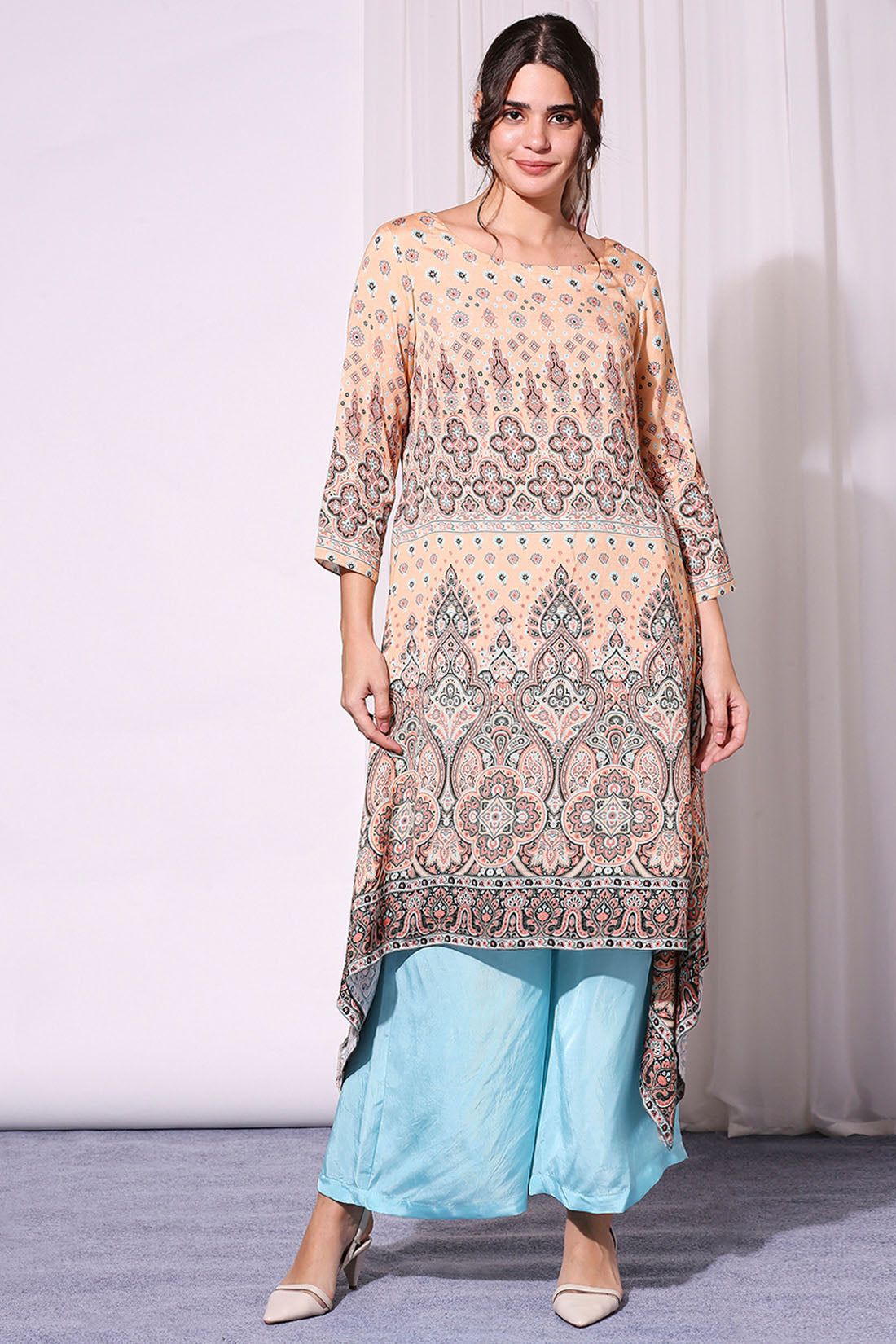 Image of Ethnic Pastel Printed Asyemmetrical Top Paired With Pants