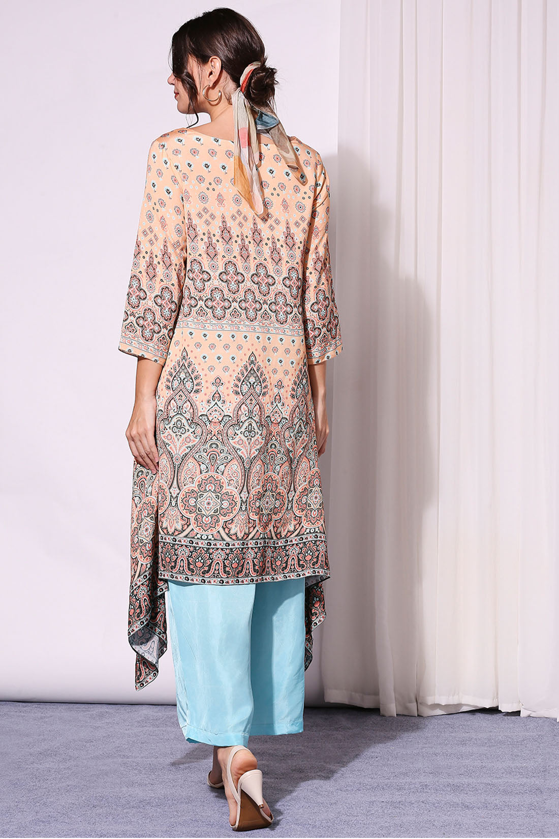 Image of Ethnic Pastel Printed Asyemmetrical Top Paired With Pants