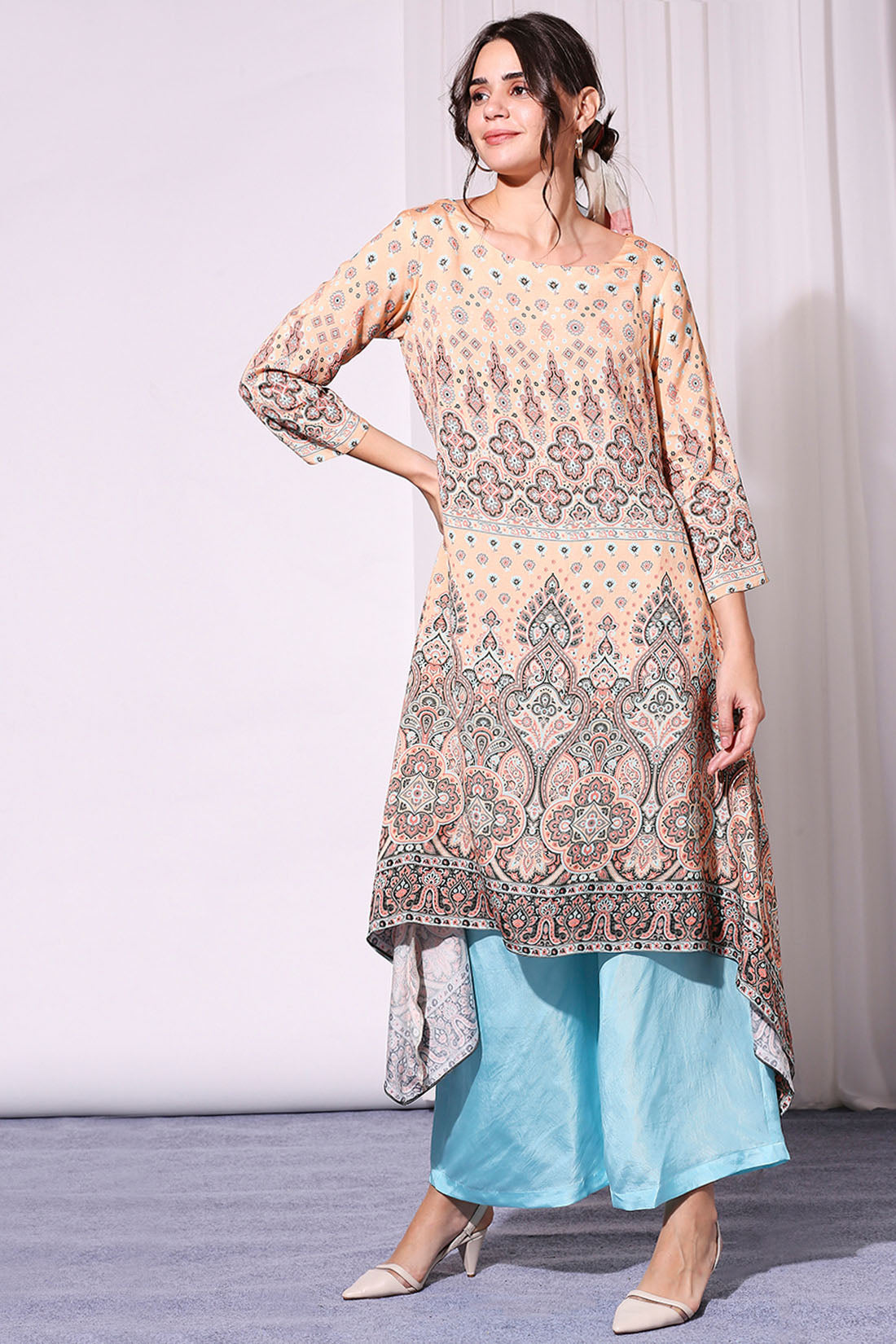 Image of Ethnic Pastel Printed Asyemmetrical Top Paired With Pants