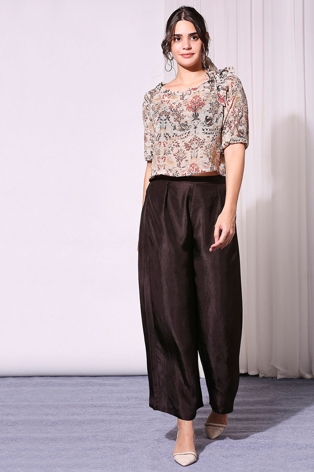 Image of Printed Sequin Off-Shoulder Top Paired With Pants