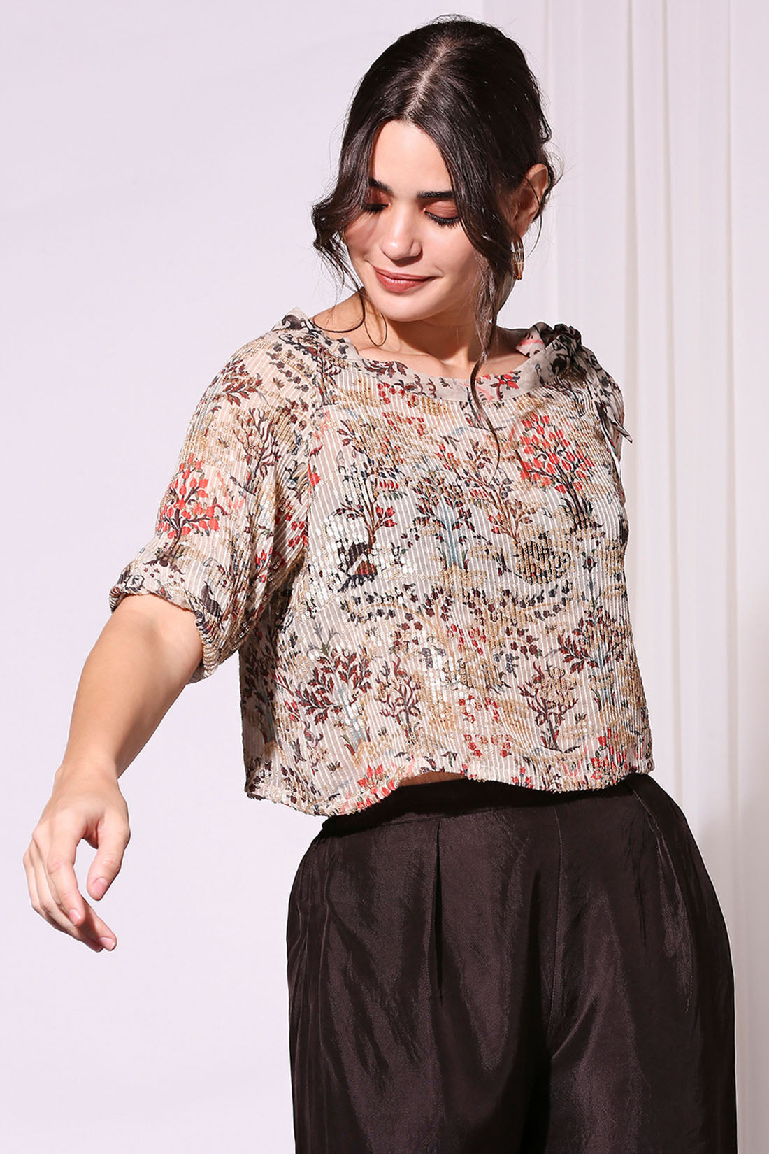 Image of Printed Sequin Off-Shoulder Top Paired With Pants