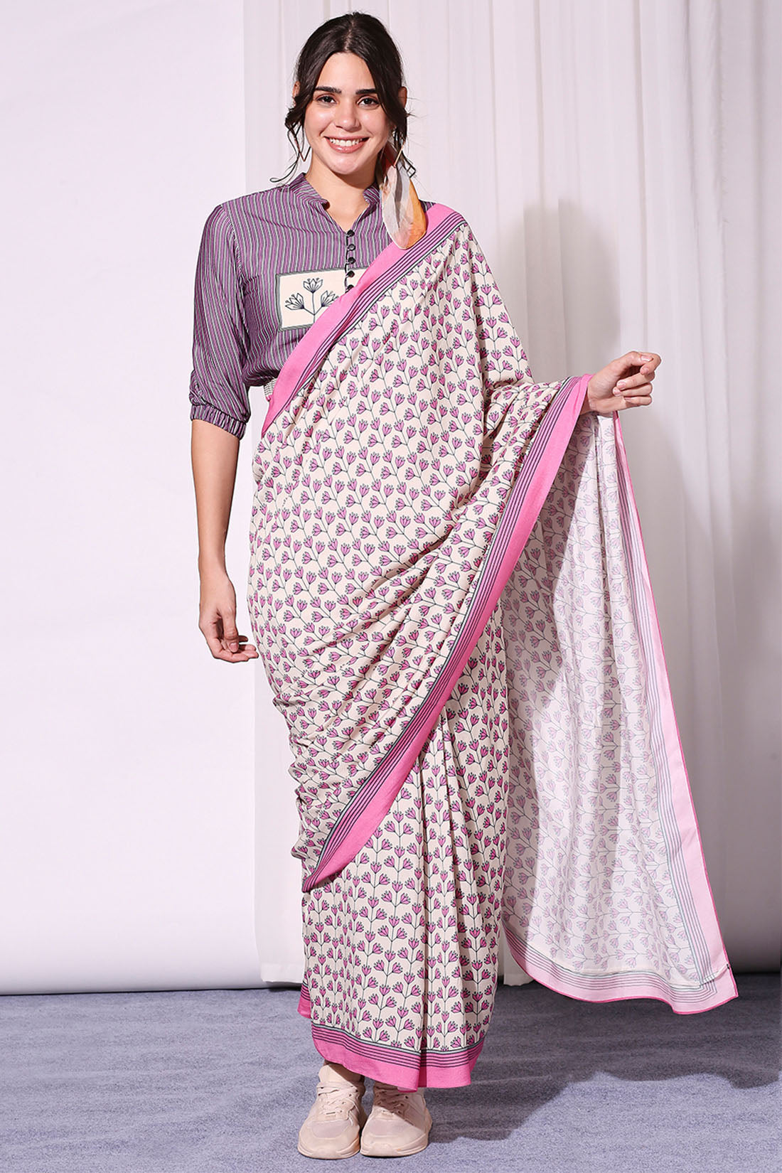 Image of Summer Florals Printed Pre-Stitched Saree