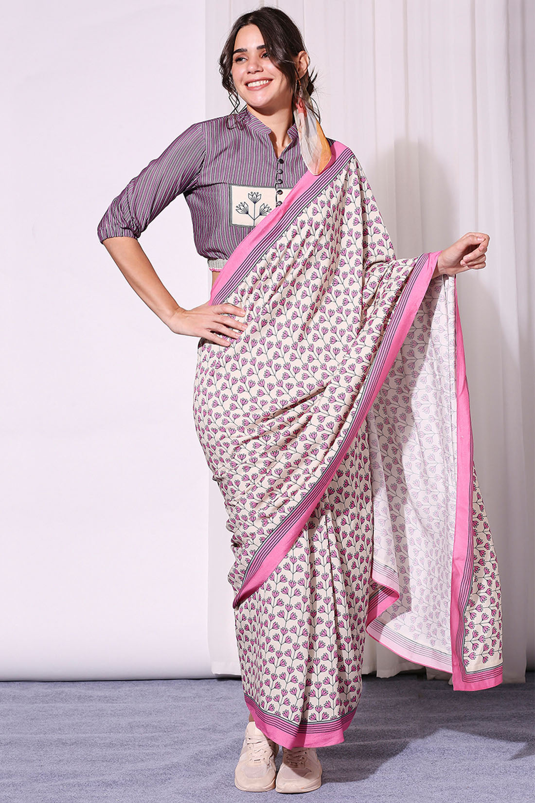 Image of Summer Florals Printed Pre-Stitched Saree