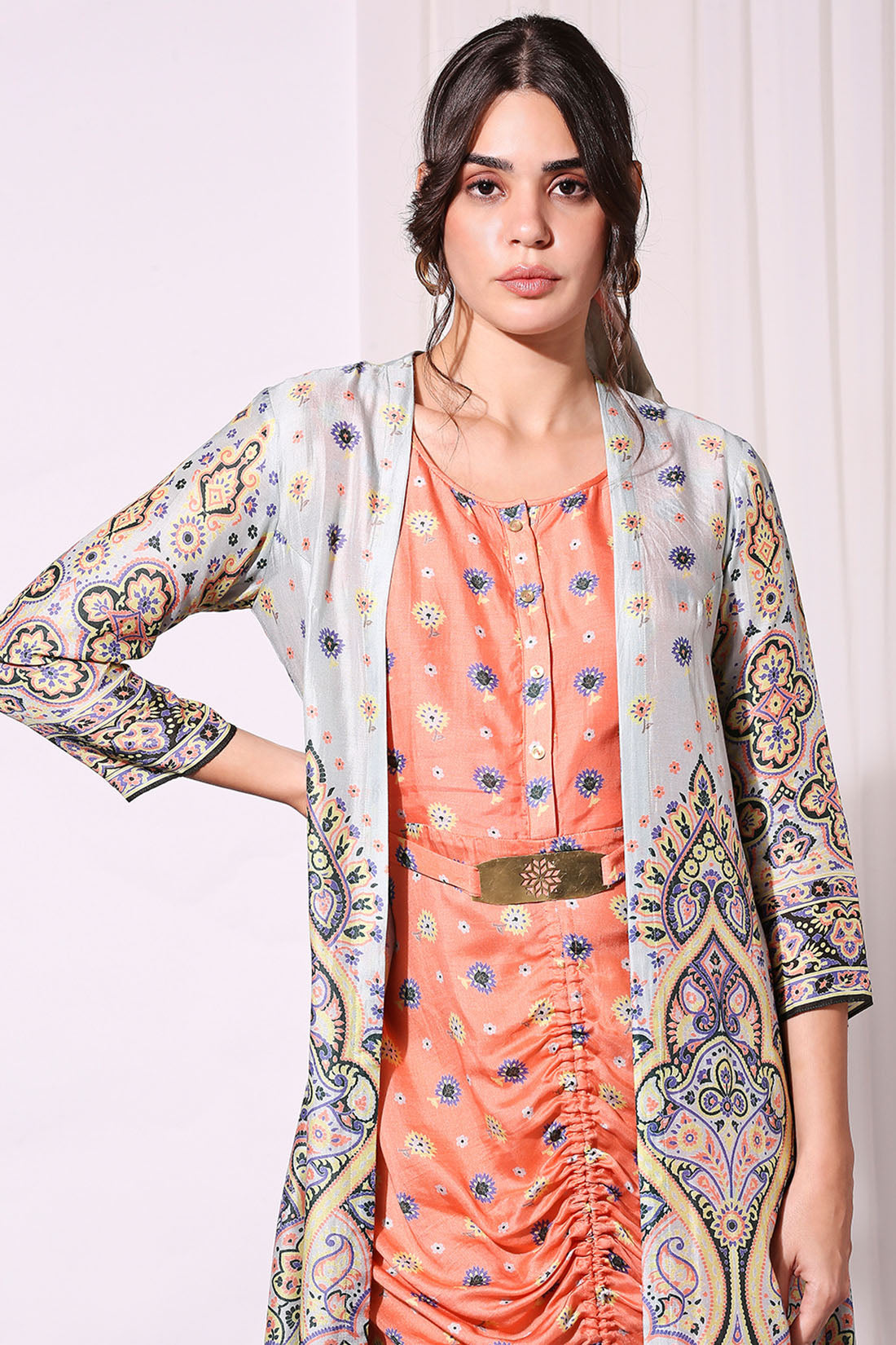 Image of Ethnic Pastel Printed Dress And Jacket