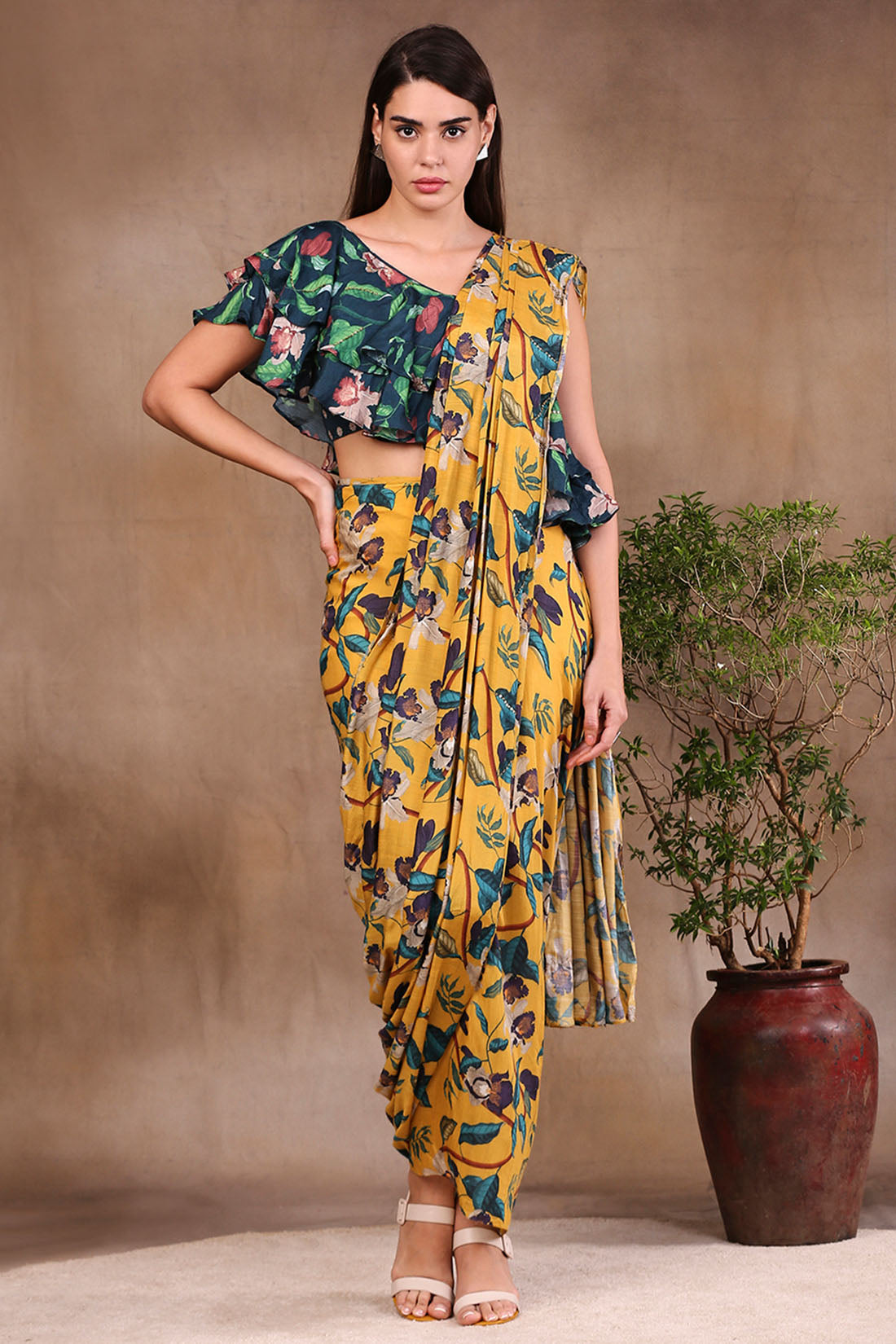 Image of Orchid Bloom Printed Pre-Stitched Saree With Crop Top