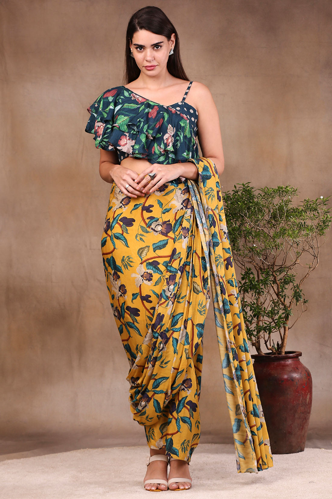 Image of Orchid Bloom Printed Pre-Stitched Saree With Crop Top