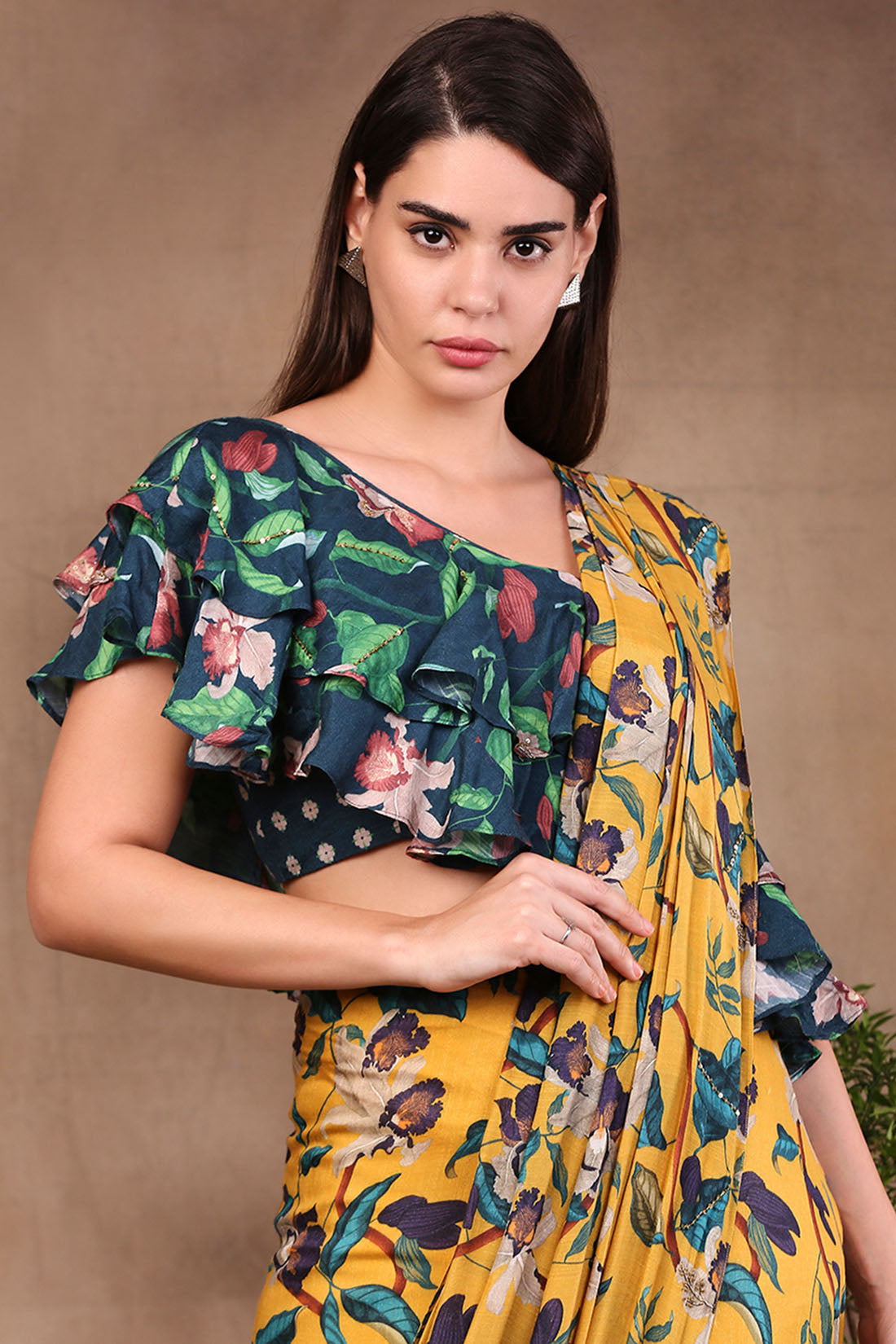 Image of Orchid Bloom Printed Pre-Stitched Saree With Crop Top