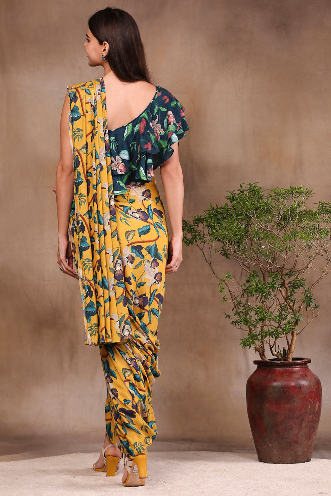 Image of Orchid Bloom Printed Pre-Stitched Saree With Crop Top