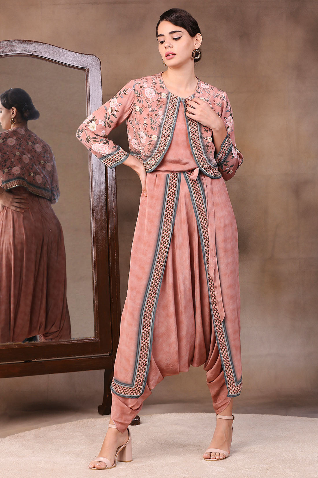 Image of Vintage Trails Printed Dhoti Style Jumpsuit With Jacket