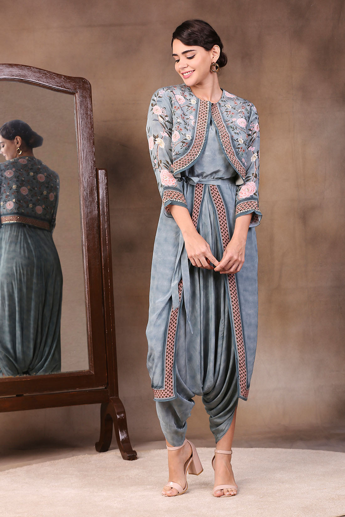 Image of Vintage Trails Printed Dhoti Style Jumpsuit With Jacket