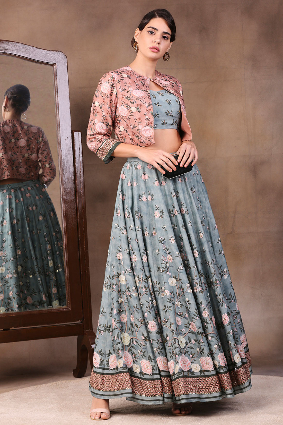 Image of Vintage Trails Printed Skirt Set With Embroidered Jacket