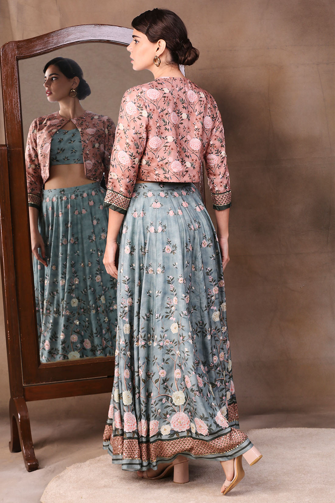 Image of Vintage Trails Printed Skirt Set With Embroidered Jacket