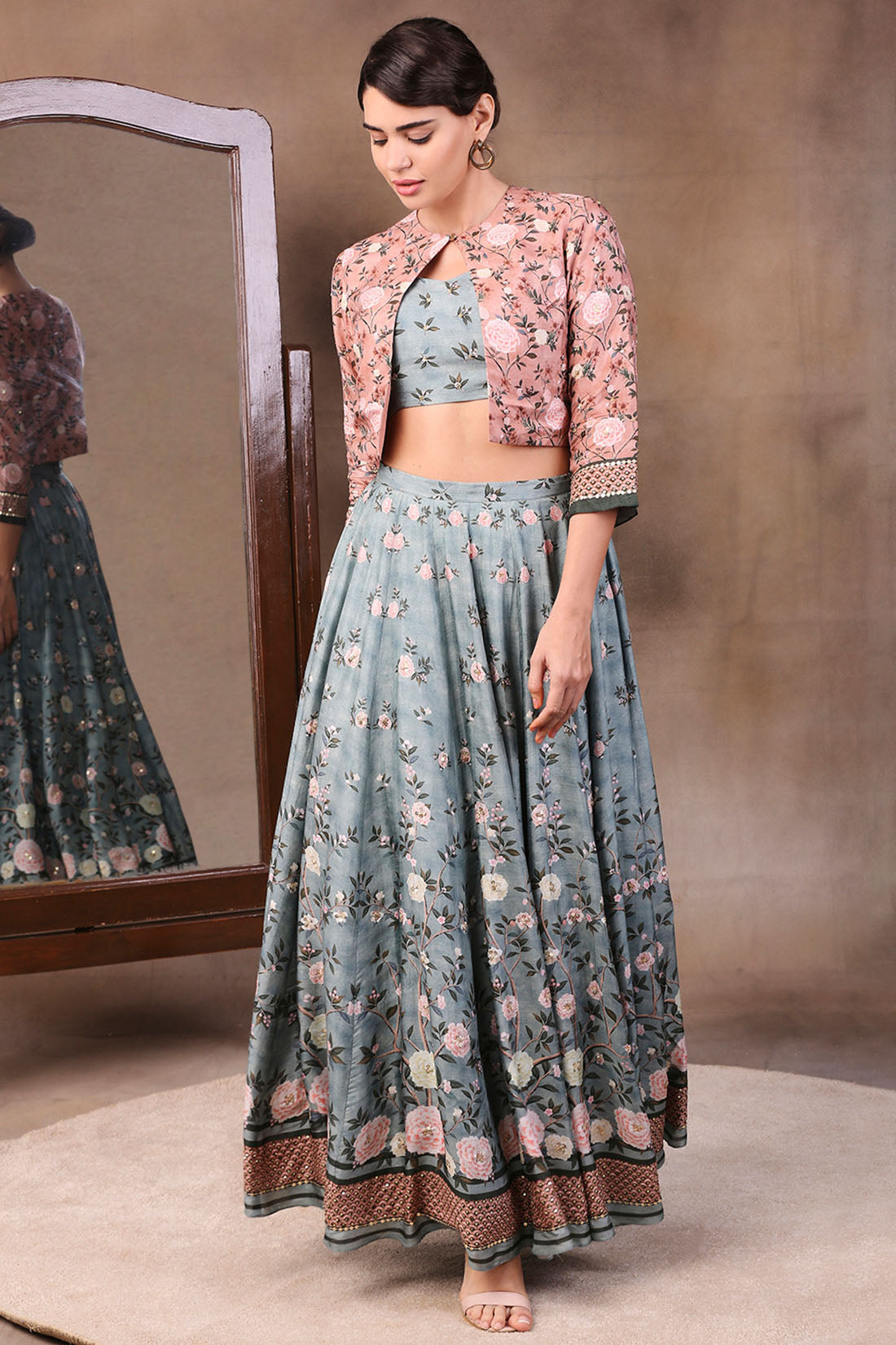 Image of Vintage Trails Printed Skirt Set With Embroidered Jacket