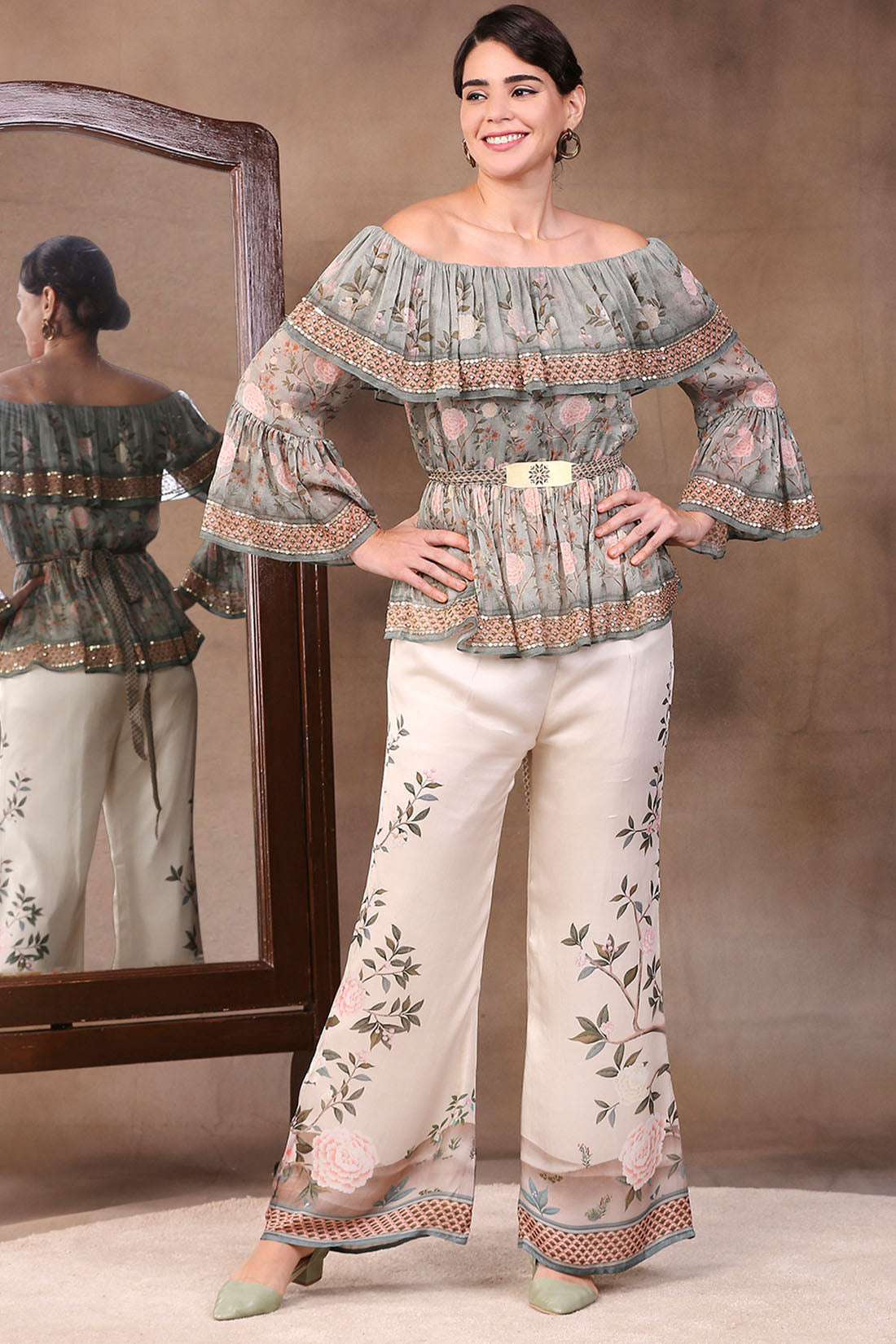 Image of Vintage Trails Printed Off-Shoulder Top With Pants