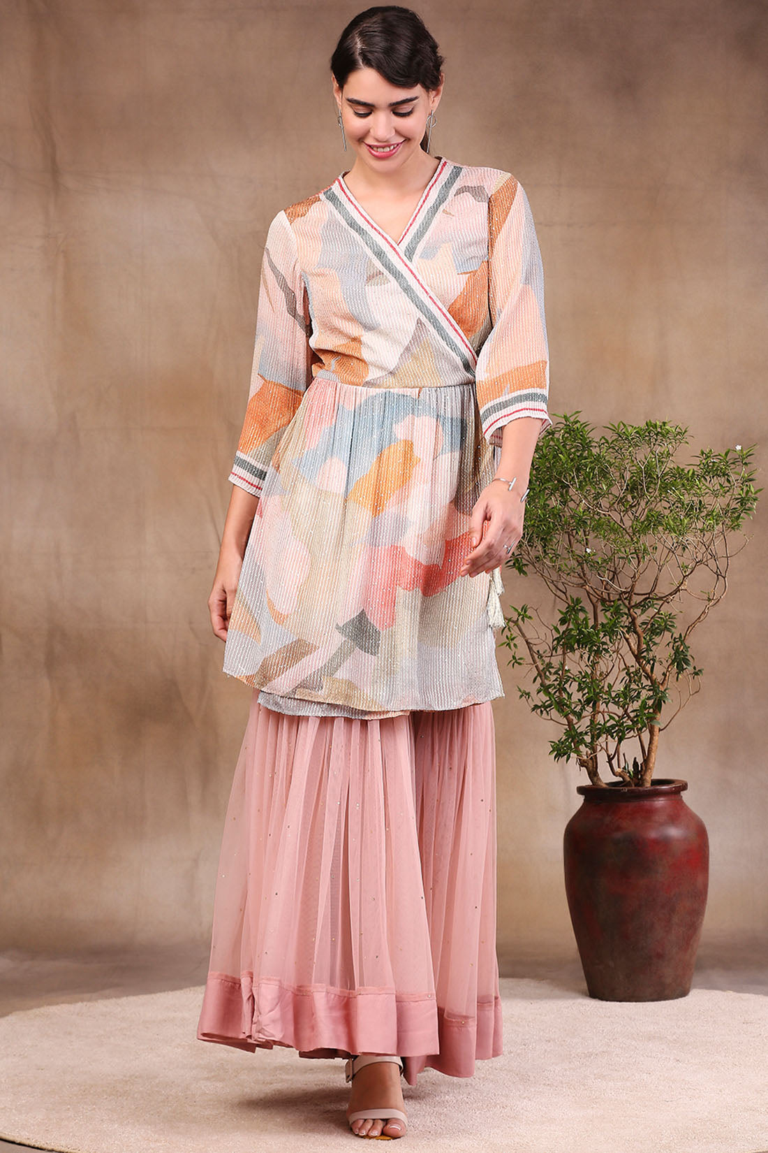 Image of Conversational Printed Sequin Top With Sharara Pants