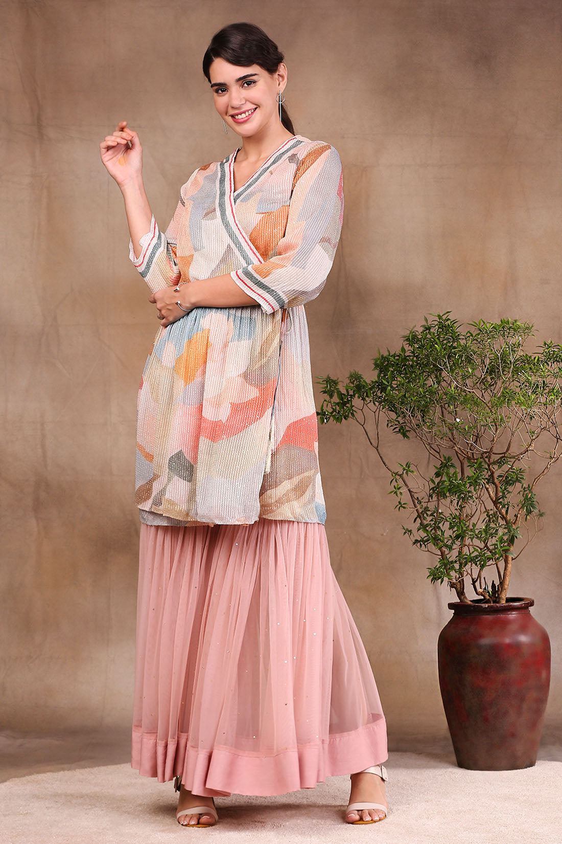 Image of Conversational Printed Sequin Top With Sharara Pants