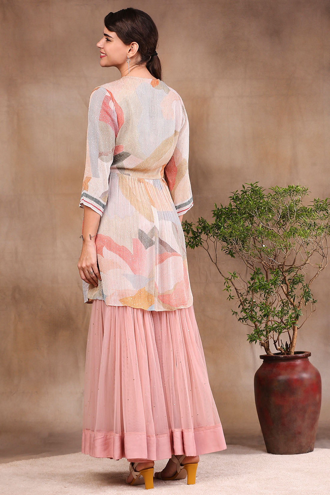 Image of Conversational Printed Sequin Top With Sharara Pants