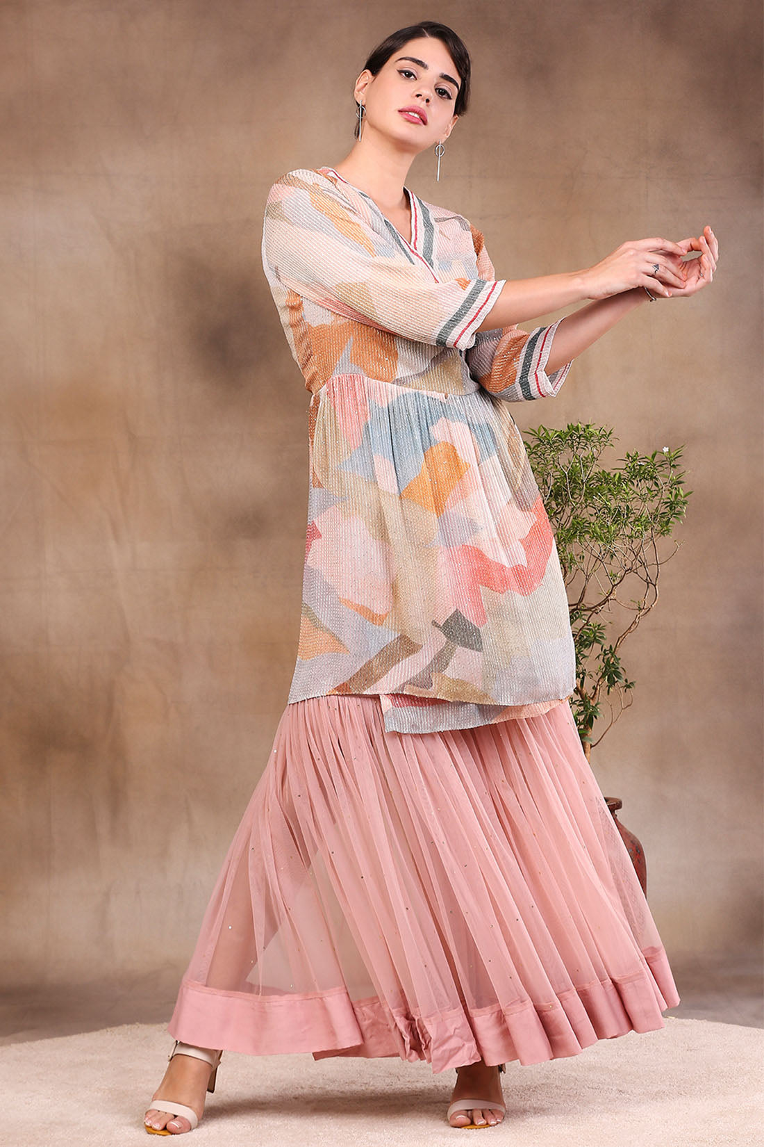 Image of Conversational Printed Sequin Top With Sharara Pants