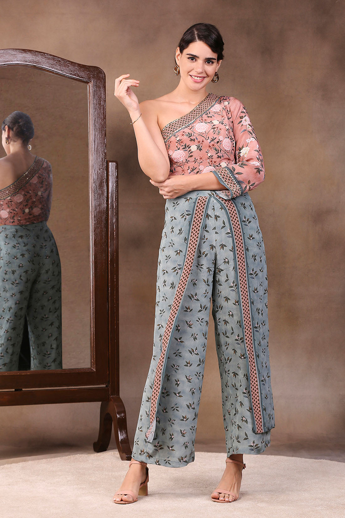 Image of Vintage Trails Printed One Shoulder Embroidered Top With Pant