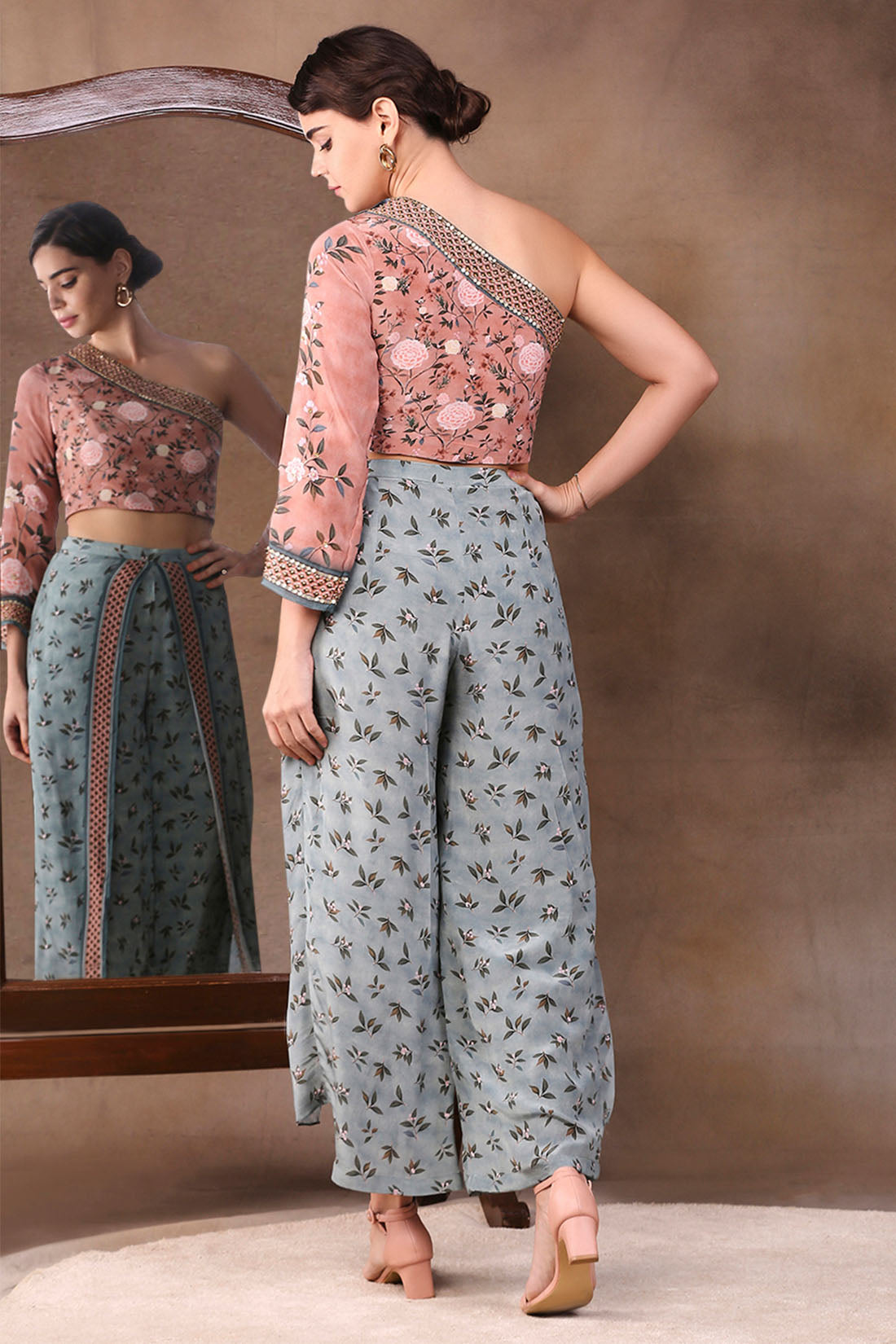 Image of Vintage Trails Printed One Shoulder Embroidered Top With Pant