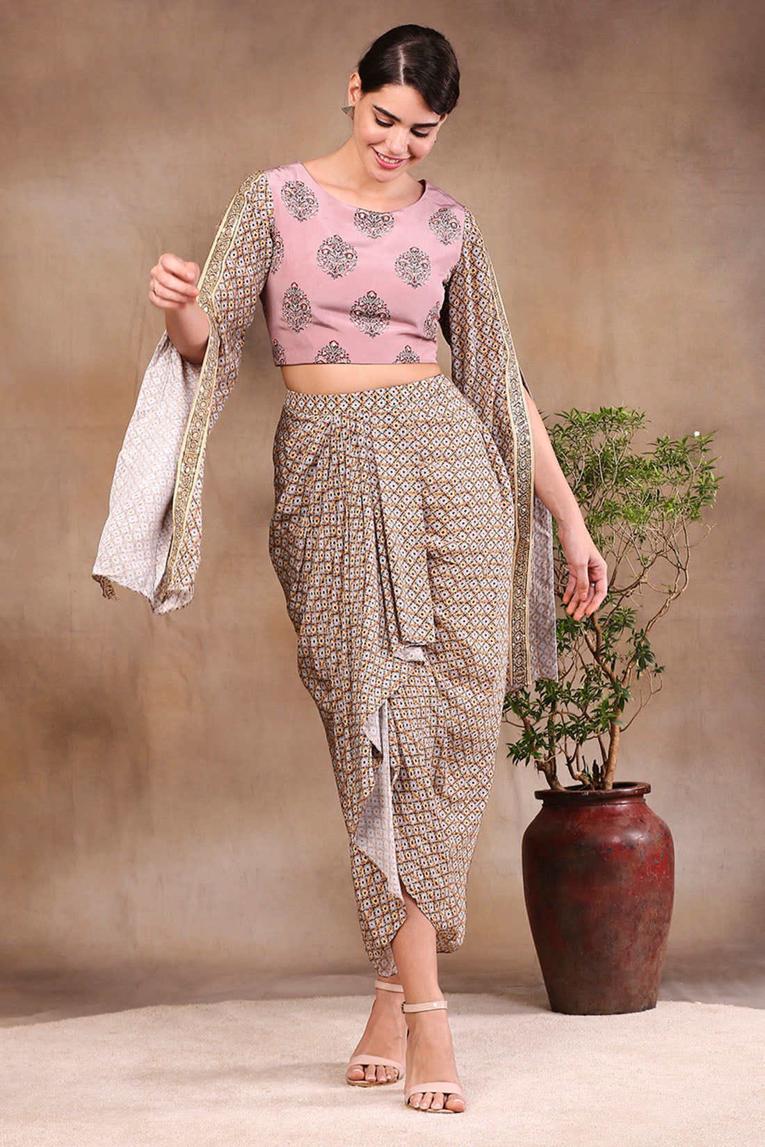 Image of Muasir Printed Drape Skirt With Embroidered Top