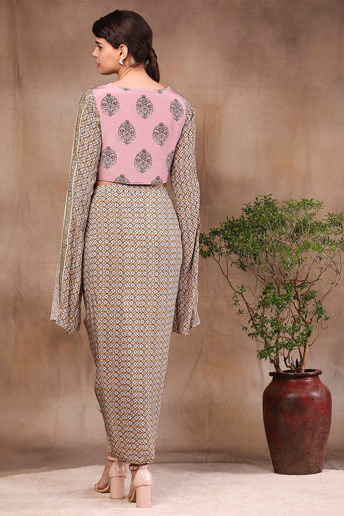 Image of Muasir Printed Drape Skirt With Embroidered Top