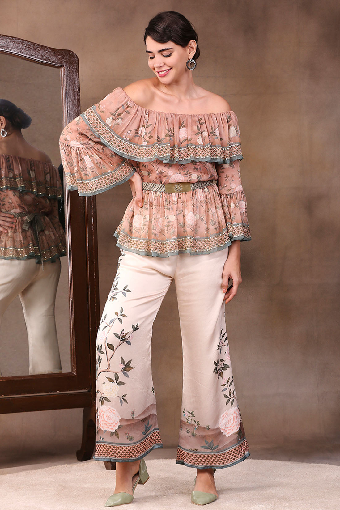 Image of Vintage Trails Printed Off-Shoulder Embroidered Top With Flared Pants