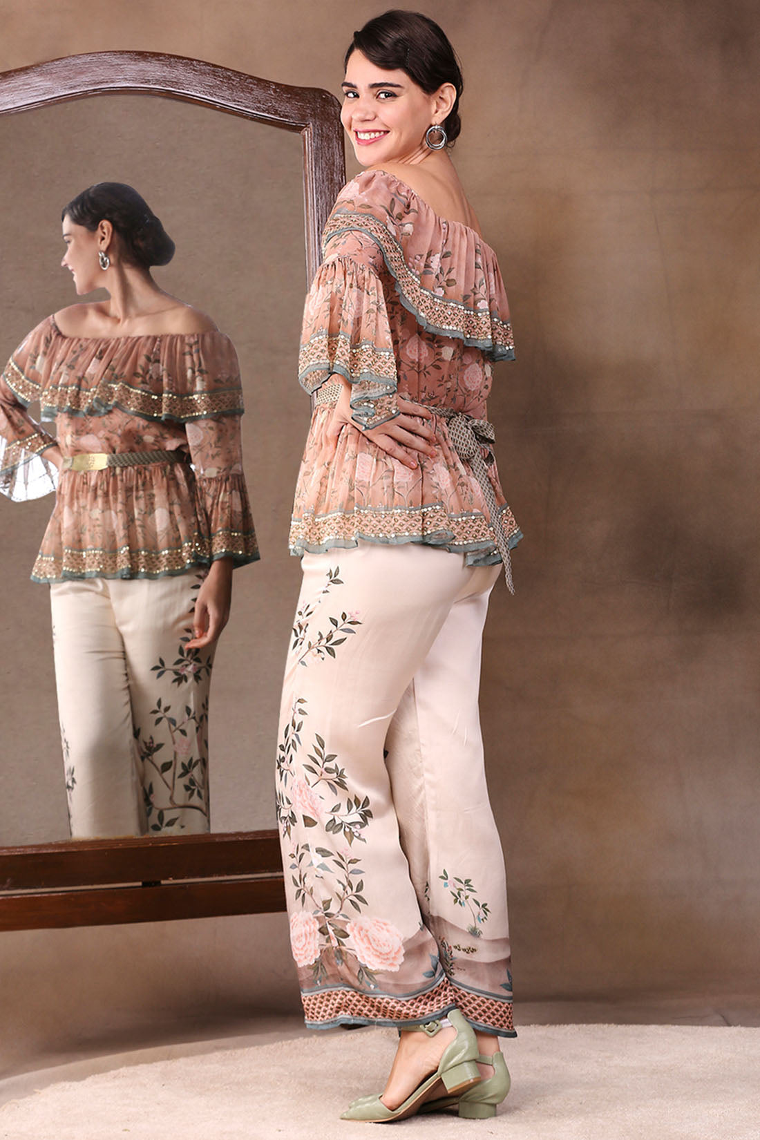 Image of Vintage Trails Printed Off-Shoulder Embroidered Top With Flared Pants