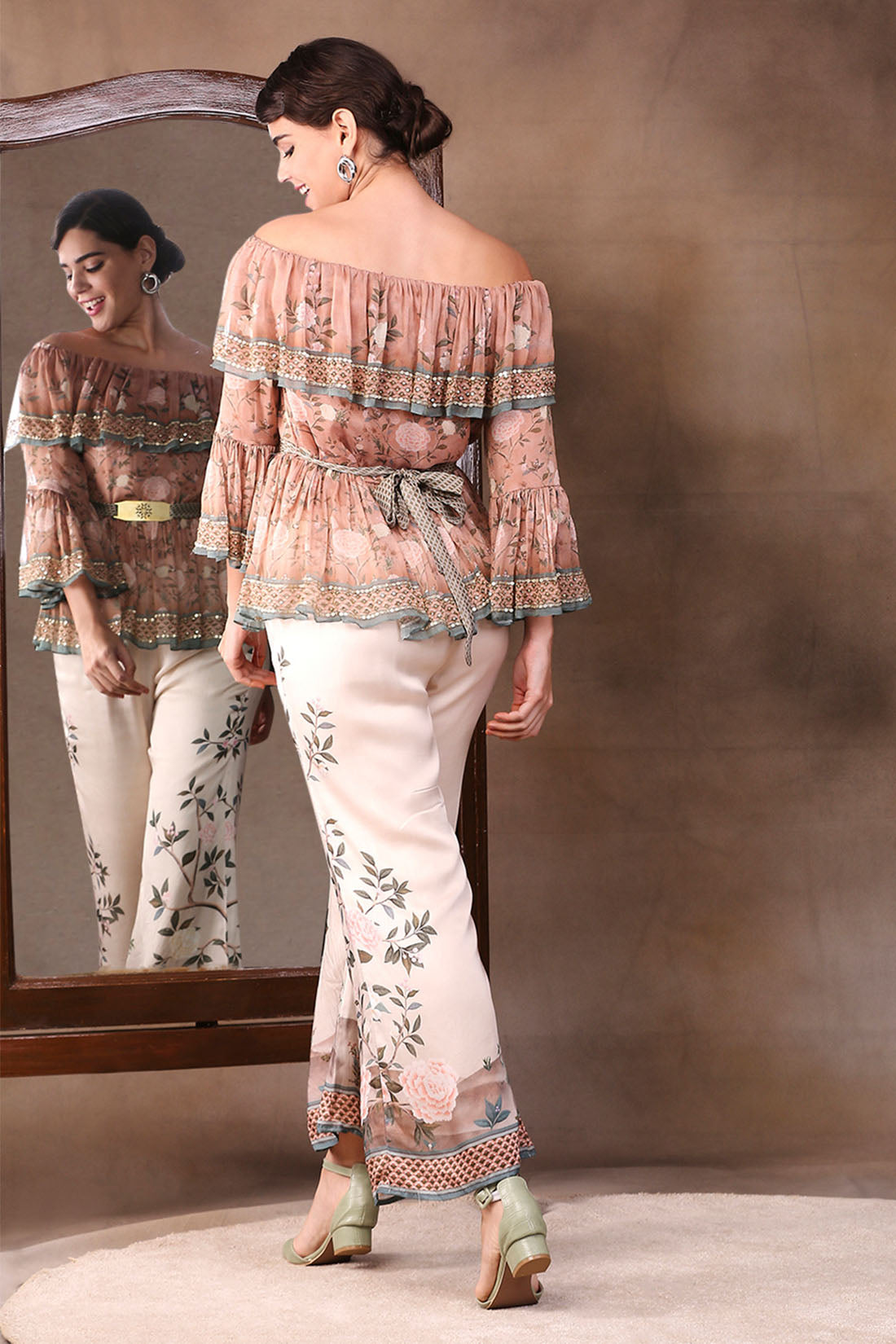 Image of Vintage Trails Printed Off-Shoulder Embroidered Top With Flared Pants