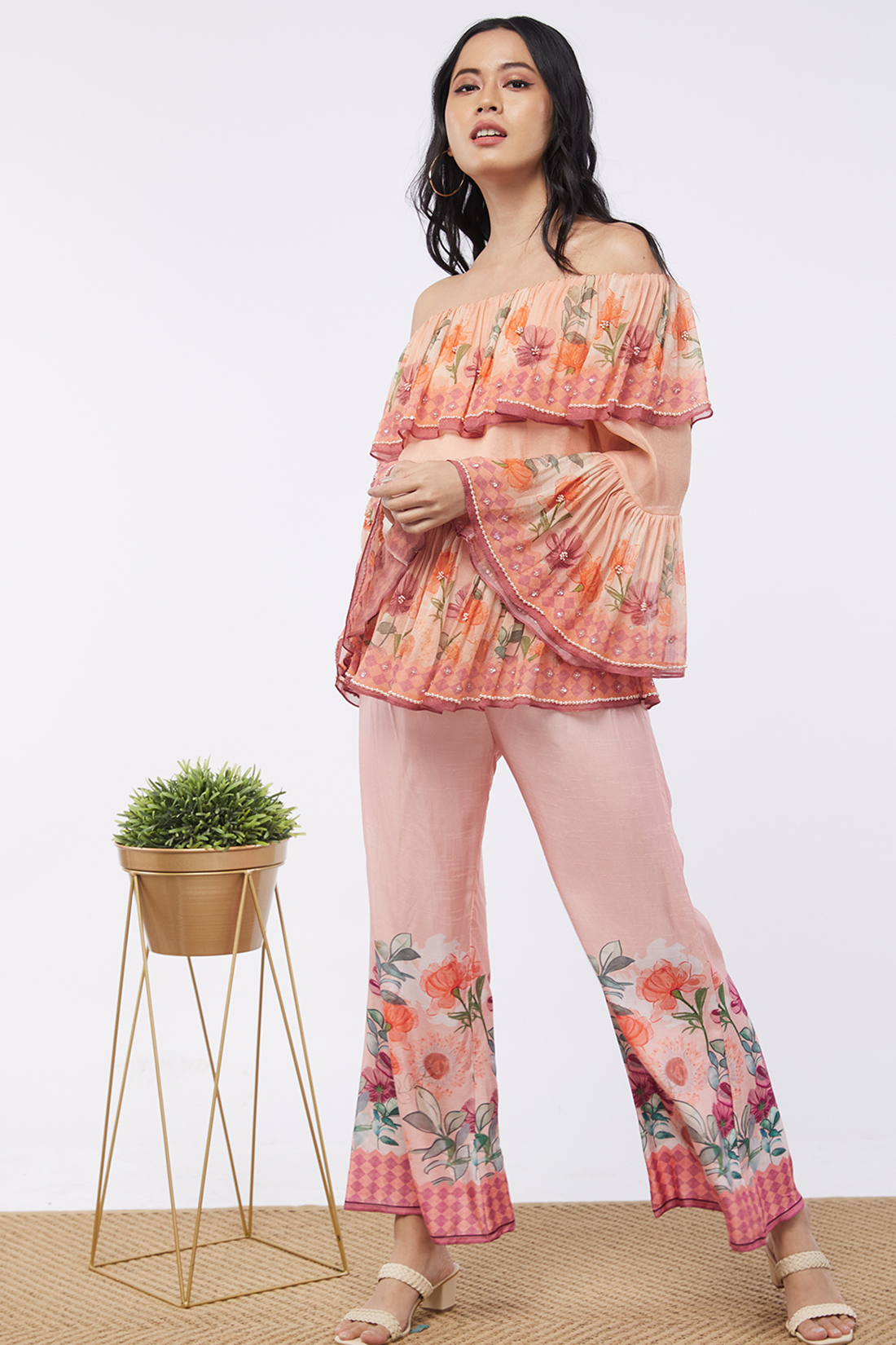 Image of Blooming bud printed Off-Shoulder Embroidered Top With Flared Pants