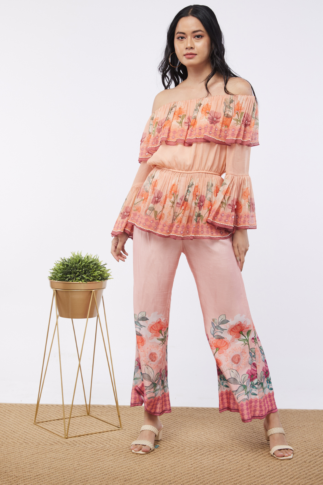 Image of Blooming bud printed Off-Shoulder Embroidered Top With Flared Pants