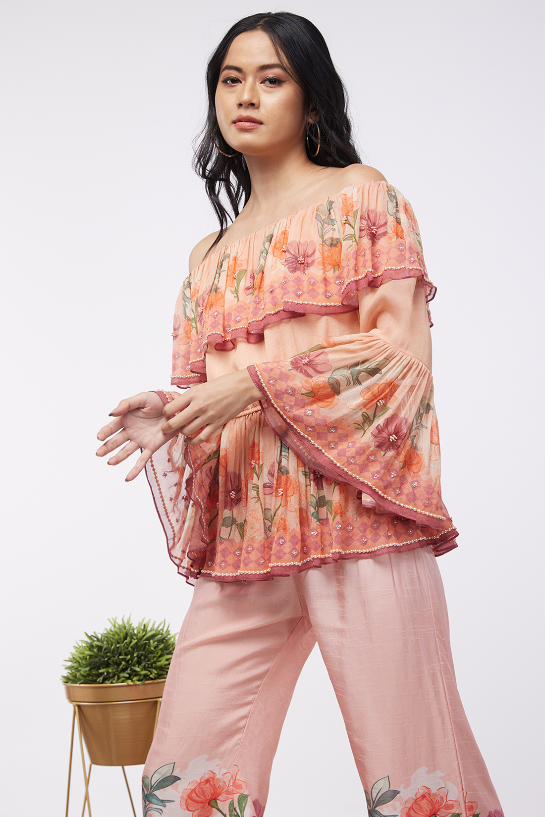 Image of Blooming bud printed Off-Shoulder Embroidered Top With Flared Pants