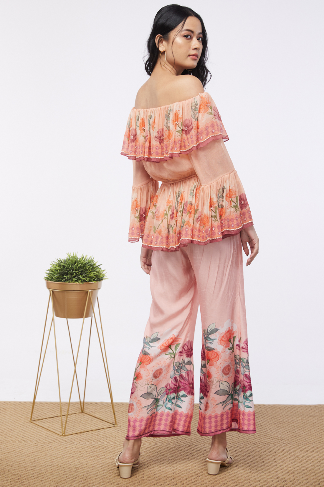 Image of Blooming bud printed Off-Shoulder Embroidered Top With Flared Pants