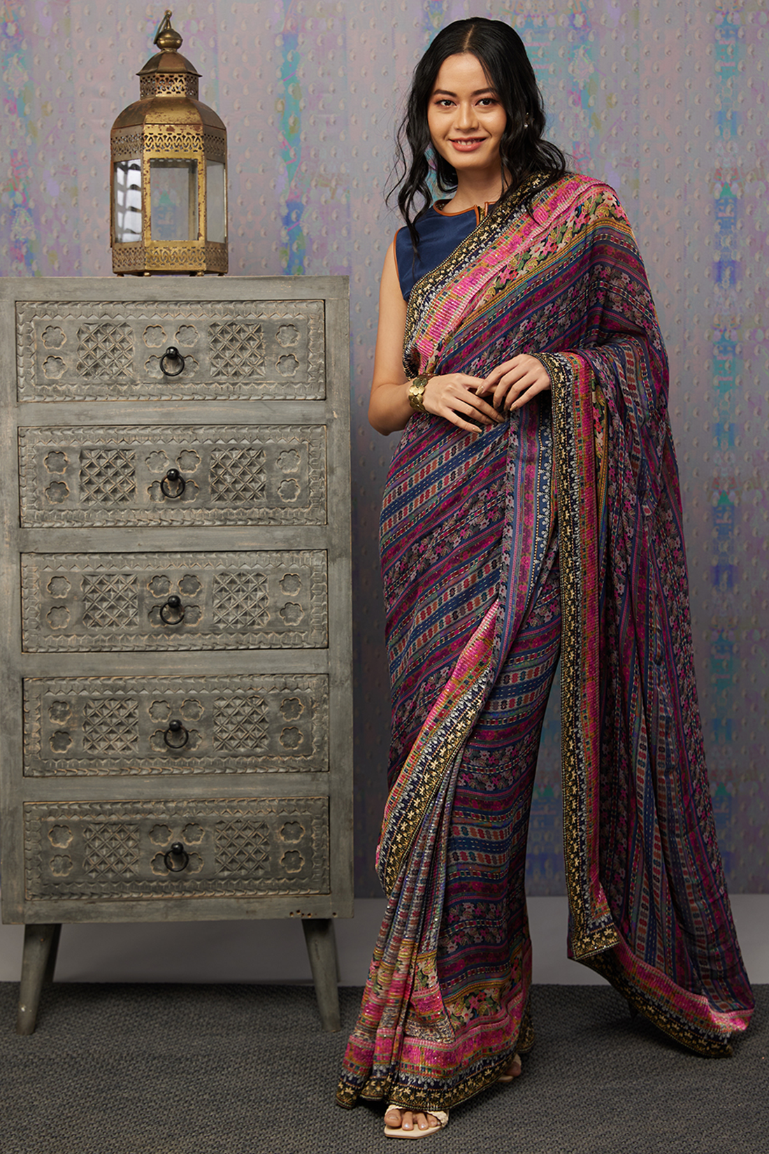 Image of Ikaya printed pre-stiched saree with blouse