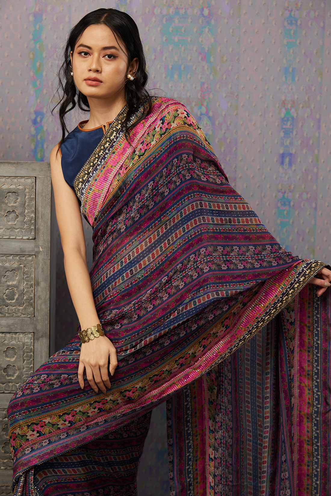 Image of Ikaya printed pre-stiched saree with blouse