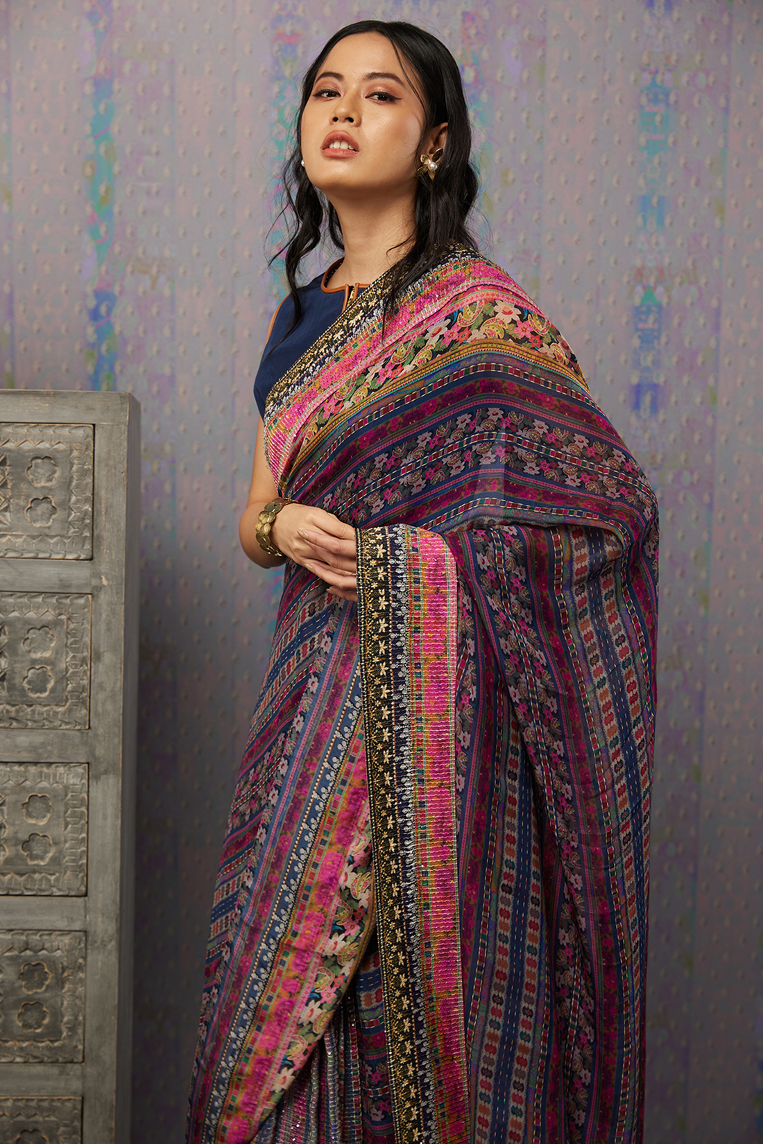 Image of Ikaya printed pre-stiched saree with blouse