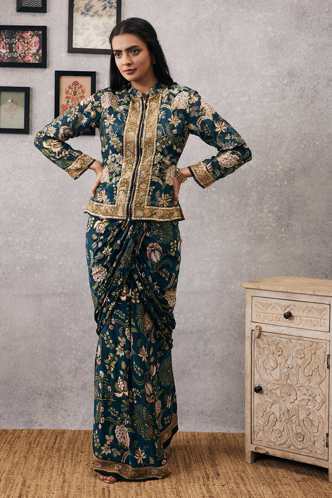 Image of Mehr embroidered jacket with drape skirt