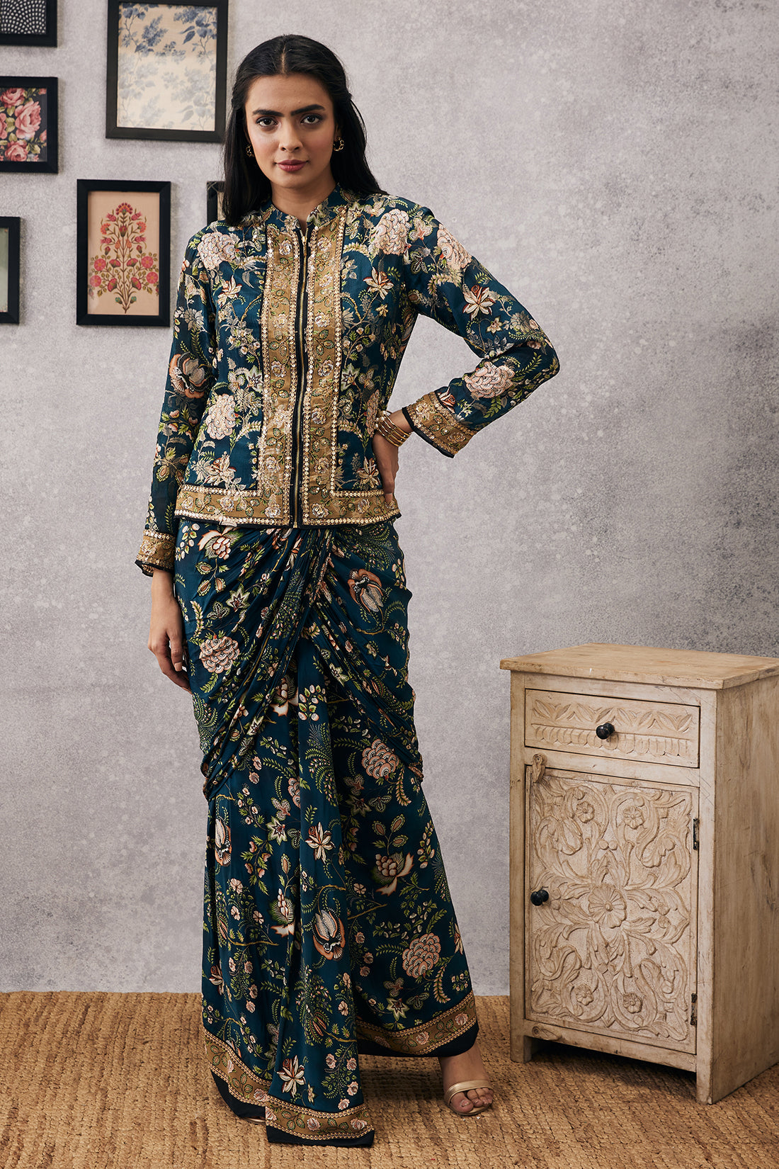 Image of Mehr embroidered jacket with drape skirt