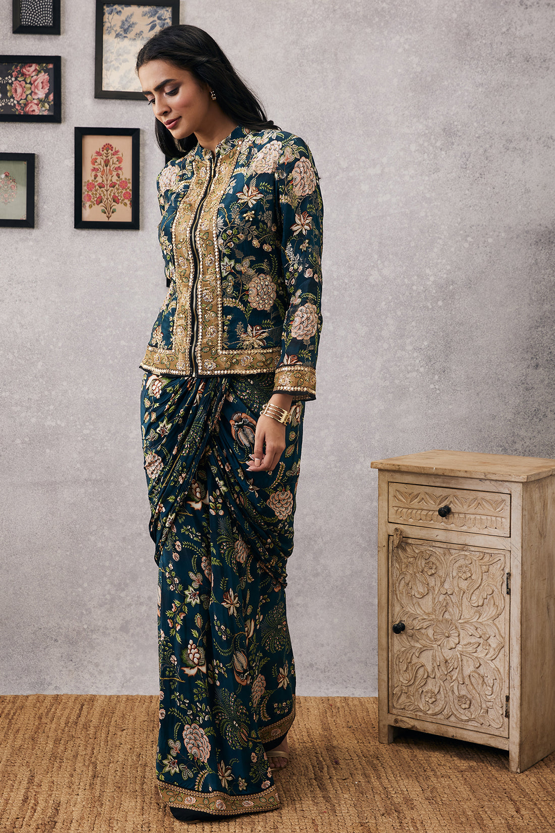 Image of Mehr embroidered jacket with drape skirt