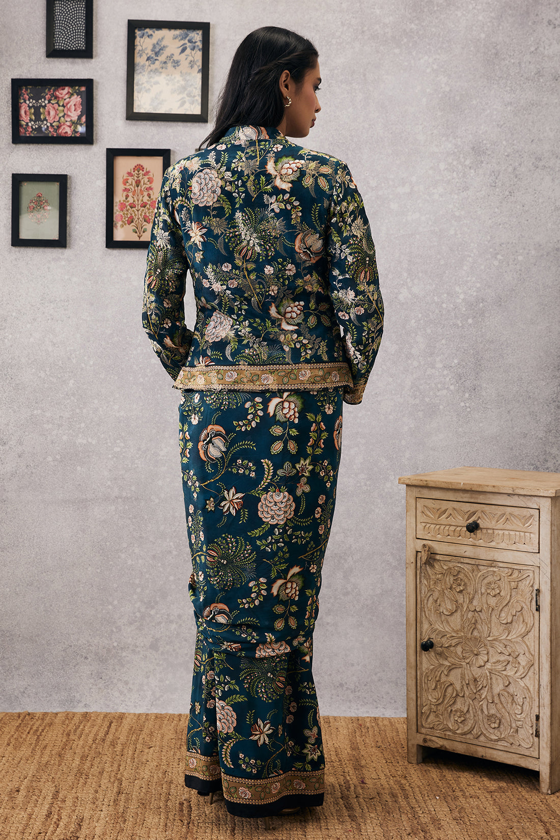 Image of Mehr embroidered jacket with drape skirt