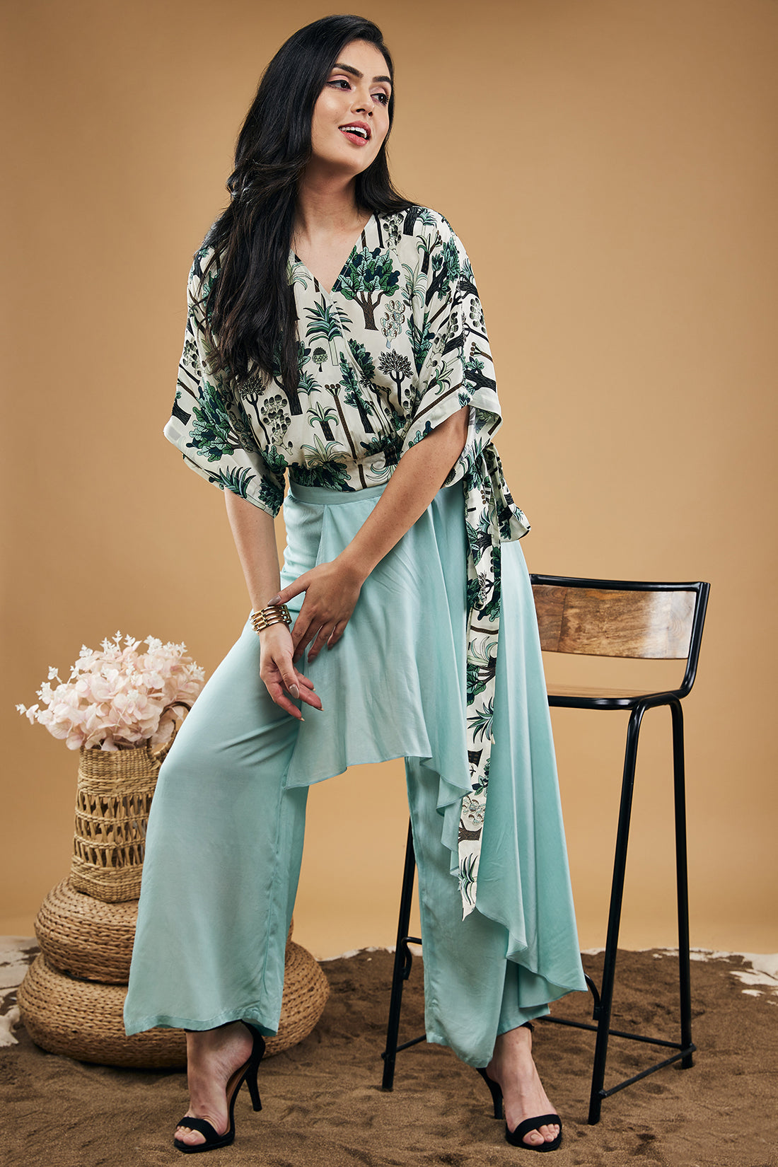 Image of Palm Bay Printed Top With Drape Pants