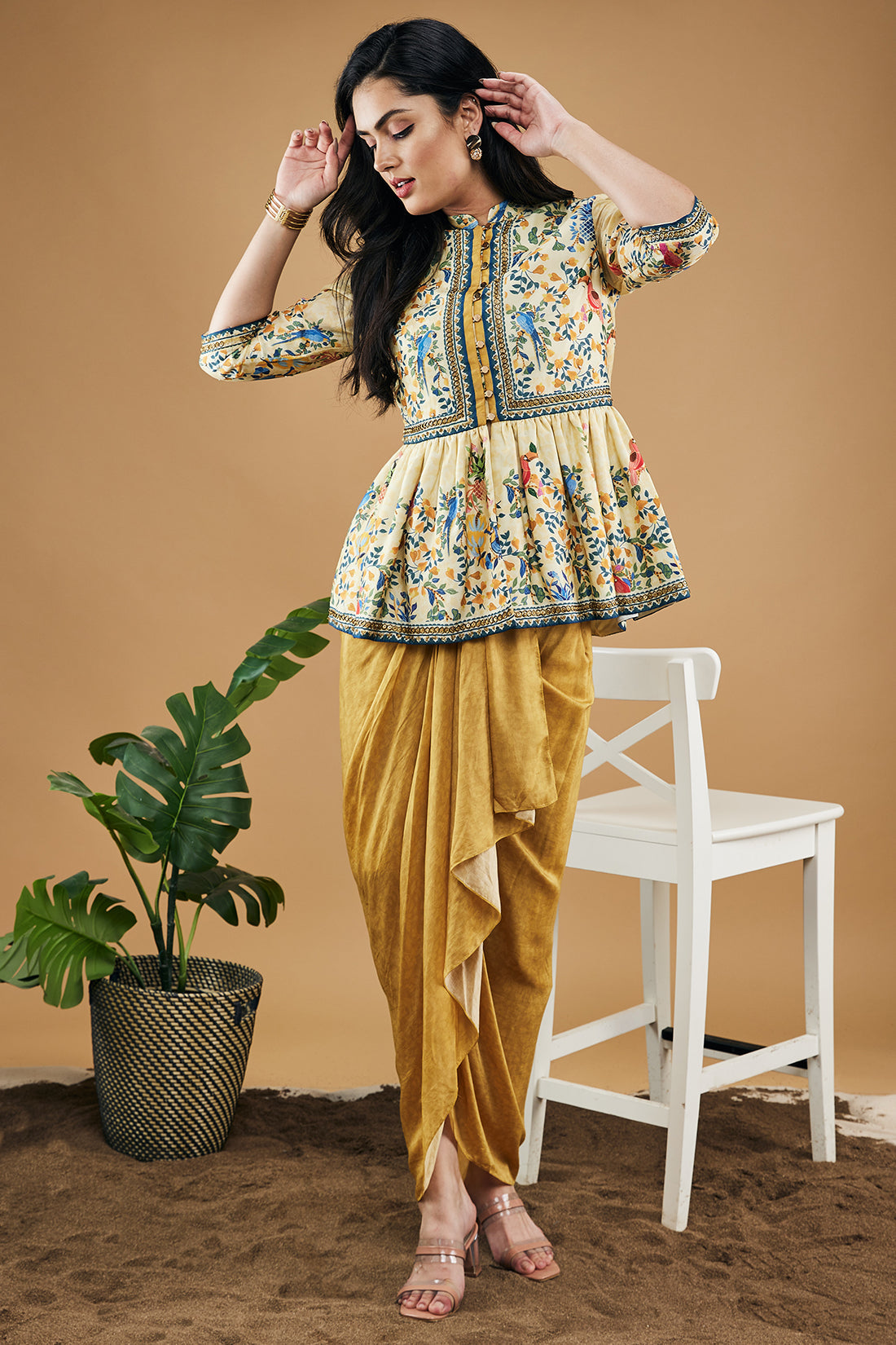 Image of Bird And Tile Printed Peplum Top With Drape Skirt