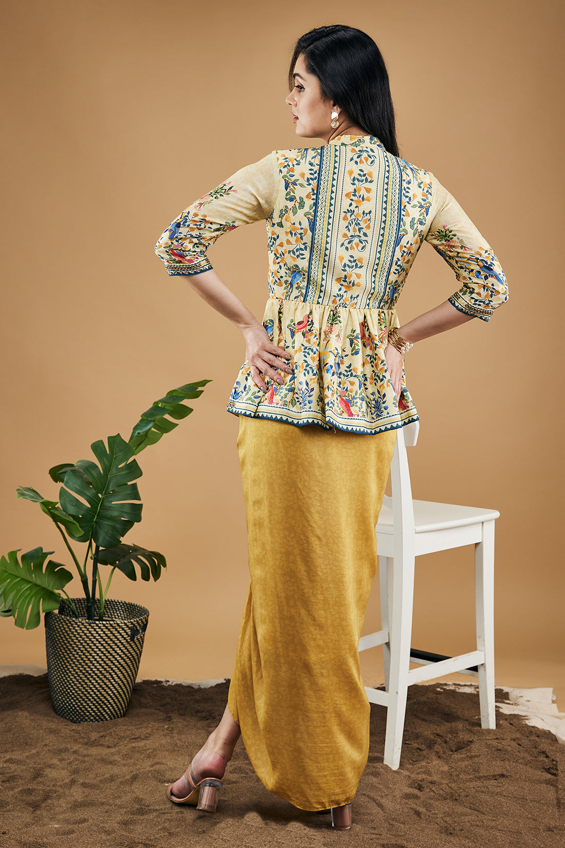 Image of Bird And Tile Printed Peplum Top With Drape Skirt