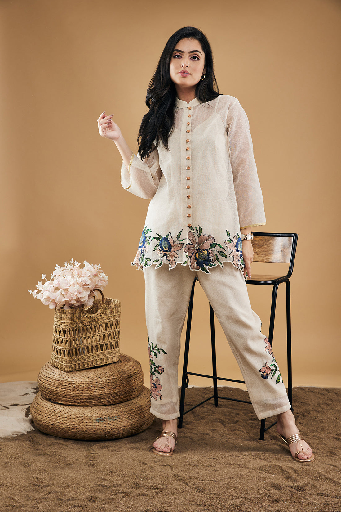 Image of Orchid bloom Applique Top With Pants